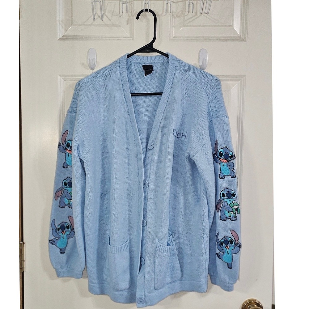 Disney Lilo & Stitch Blue Embroidered Button Front Cardigan Sweater Womens Small